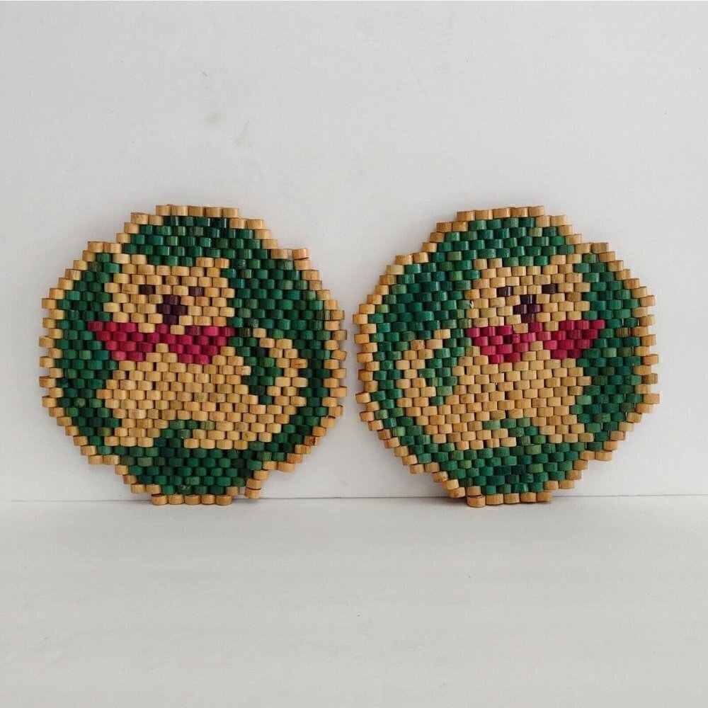 Vtg Pair of Boho Bamboo Wooden Beaded Cat Dog Trivets Kitchen Hot Plate Wall Art
